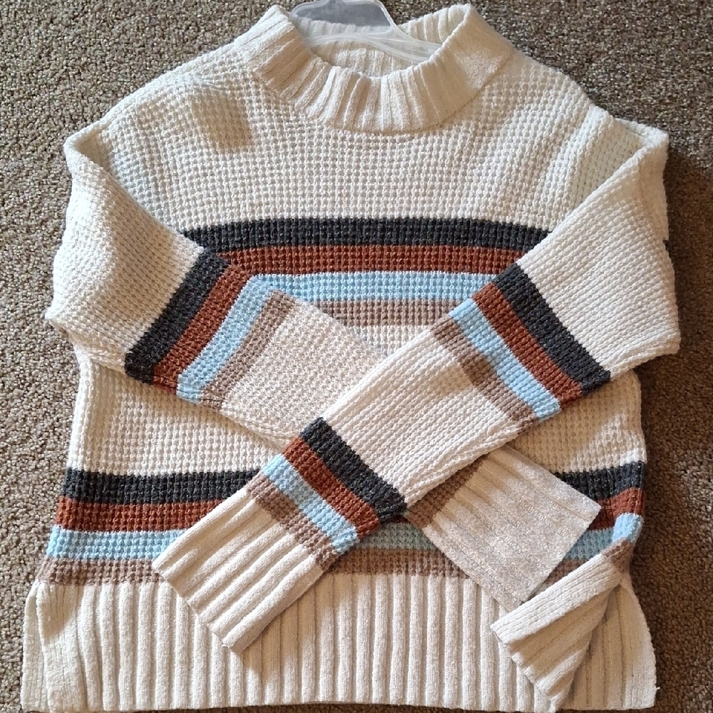 SO Women's Striped Cowl Neck Sweater - Cream, Brown, Blue - Picture 3 of 3